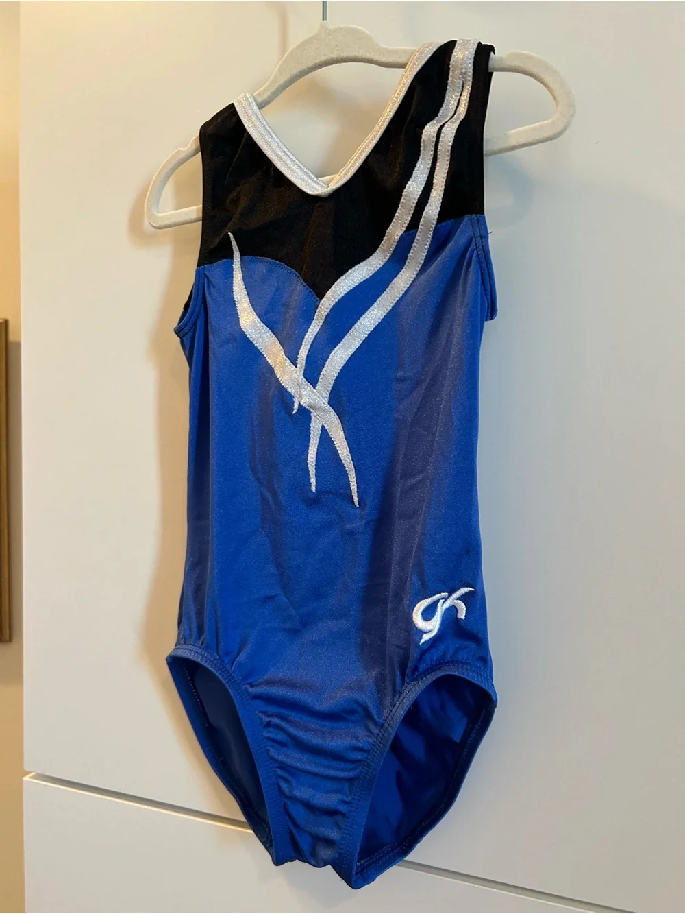GK Girls Blue & Black Metallic Stripe Gymnastics Leotard - Child’s Small